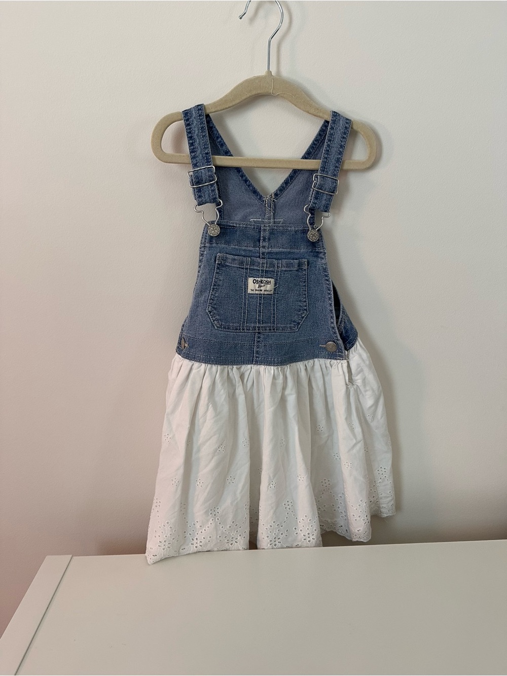 OshKosh B'gosh Denim Bib Overall Dress with White Eyelet Skirt